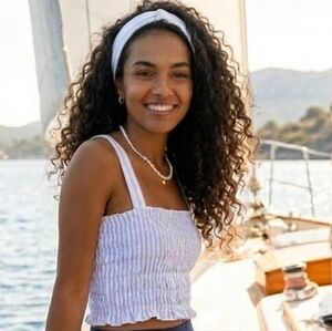 J. Crew Blue & White Smocked Striped Crop Top Gently Used Size L